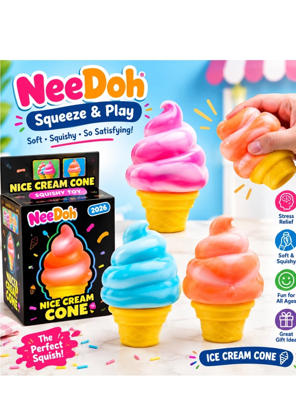 BNIB NEEDOH  blue squish stress toy ice cream cone shape